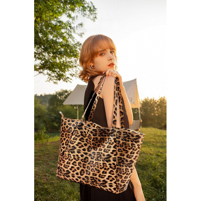 Сумка жіноча KALIDI шопер велика зі шкірозамінника (PU) з блискавкою для роботи, покупок, школи - Леопард