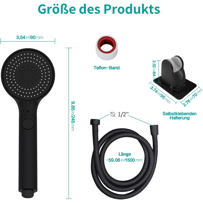 MIAOHUI Black Shower Head Water Pressure Booster, Handheld Shower with 3 Spray Patterns, Water-Saving High-Pressure Shower Head with Water Stop Function, Shower with Hose and Teflon Tape