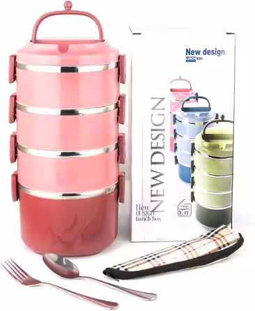 SANQIAHOME 4-Layer Multi-Layer Stackable Stainless Steel Lunch Box, Leak-Proof, Pink
