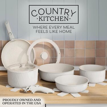 Набір посуду Country Kitchen 16 предметів з керамічним антипригарним покриттям, знімні дерев'яні ручки, для дому та кемпінгу, жаростійкий (кремовий)