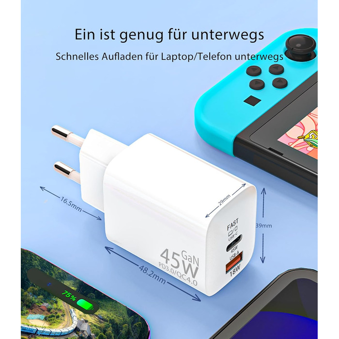 Мережевий зарядний пристрій USB-C 45W з 2 портами, PD 3.0, швидка зарядка для Samsung Galaxy S24/S23/S22, iPhone 16/15/14 Pro Max, iPad, Pixel, мобільні телефони