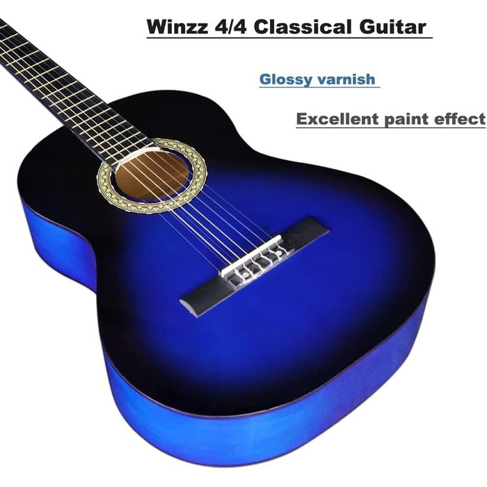 Класична гітара Winzz 4/4 для початківців - повний комплект, 39 дюймів, з нейлоновими струнами, блакитна