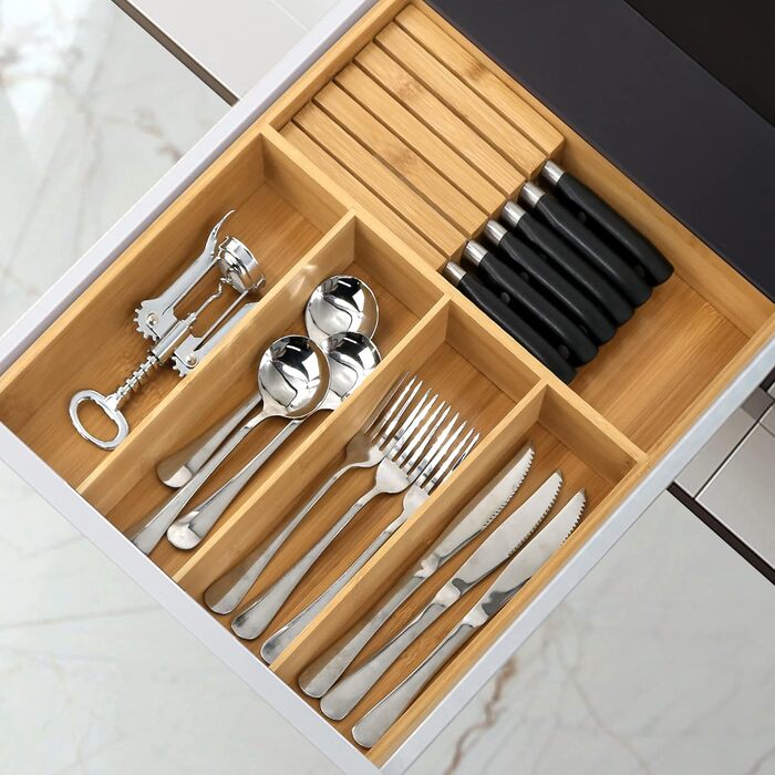 VaeFae Bamboo Cutlery Organizer, Utensil Holder for Drawer, Wooden Cutlery Tray with Divider for Kitchen, Cutlery Storage and Removable Knife Block