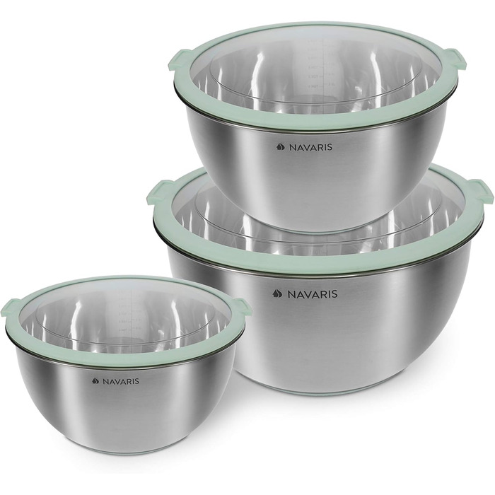 Navaris Stainless Steel Bowl Set with Lid - 3-Piece Mixing Bowl, Salad Bowl - Stainless Steel Bowl Set, Containers in Mint Green