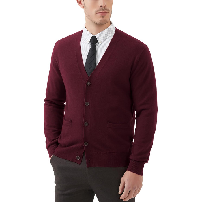 Чоловічий кардиган Kaspin з вовняної суміші, V-подібний виріз, на ґудзиках, з кишенями (Бургунді, S)