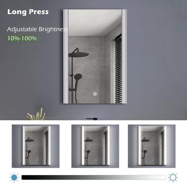 Дзеркало для ванної кімнати CLIPOP з підсвічуванням LED, сенсорне управління, IP44, 3 кольори світла, 40x50 см