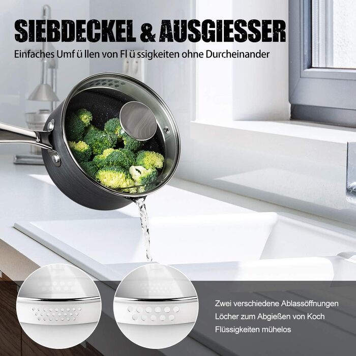 Набір каструль та сковорідок Michelangelo Kochtopf Set 10 шт. з кришкою, індукційне дно, чорний, з сито-кришкою та пароваркою