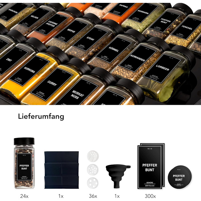 Spice Jars with Rack [24 x 120ml] including 300 Spice Labels [DE] - Spice Rack with Jars - Spice Organizer Drawer - Spice Rack Drawer with Jars Spice Rack System Black