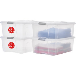 Iris Ohyama Storage Boxes with Lid, 60L, 4-Piece Set, Silver, Secure Closure, Stackable, Handles, for Bedroom, Closet, Office, Organization, BPA-Free Plastic, Storage Boxes, NTB-60 (Silver, 30L/4-Piece Set)