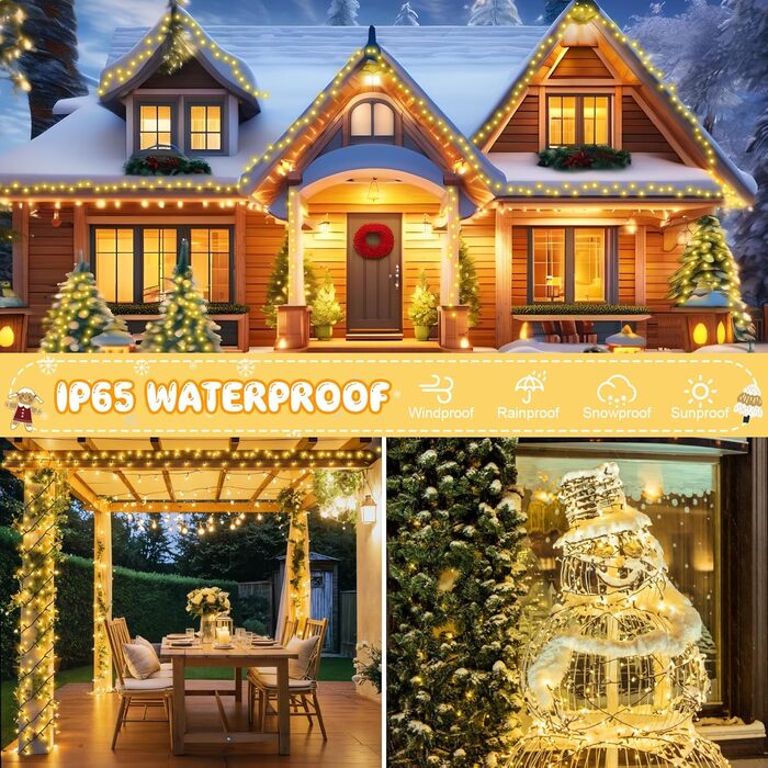 Льо́хкова гірлянда на Різдво, 200 LED, з таймером, 8 режимів, вологостійка, 40м, тепле біле світло для прикраси ялинки, саду, дому