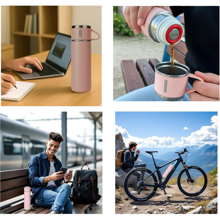 Термофляга 500 мл з нержавіючої сталі – 2 чашки з ручкою – без витоку, BPA-free – з щіткою для чищення – рожева
