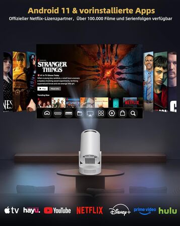 Beautiebeam Beamer: Міні проектор 4K з підтримкою 1080P, Android 11, Bluetooth 5.0, Wi-Fi 6, Автоматична корекція трапеції, для дому та на відкритому повітрі