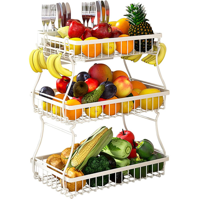Баскет для фруктів та овочів на 3 ярусах, полиця на кухонну стільницю, легка установка, знімна, ідеальна для фруктів та овочів (білий)