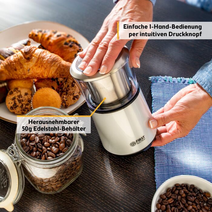 Електрична кавомолка TZS First Austria, 200W, 27000 об/хв, 4 леза з нержавіючої сталі, контейнер 50г, тиха, компактна, легка у чищенні, з котушкою для кабелю (біла)