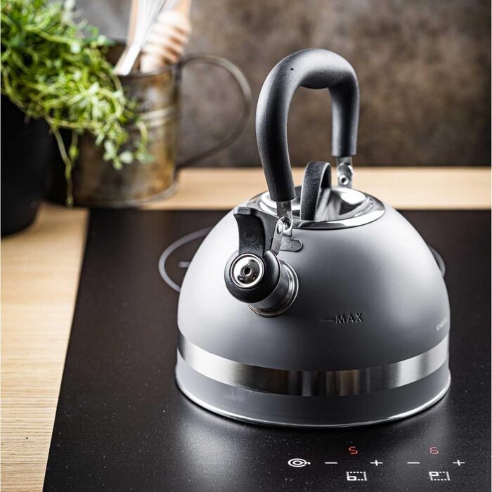 Чайник Kinghoff 1.8L з нержавіючої сталі з свистком, Induktion, сірий матовий, KH-1851