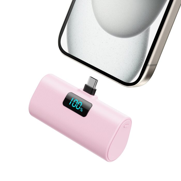 Компактний міні-павербанк Klein 6000mAh з LCD-дисплеєм та USB-C PD для iPhone, Samsung S25/S24, Huawei, iPad — Рожевий