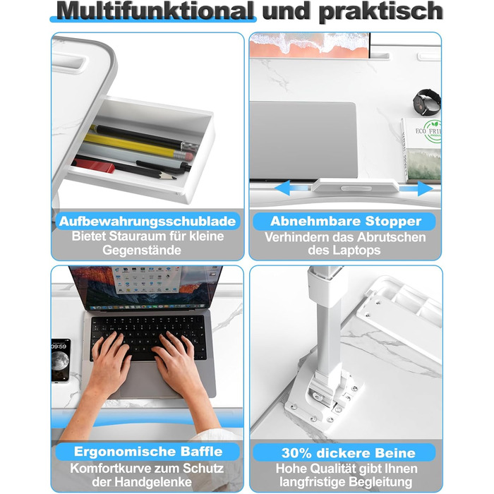 Столик для ноутбука Potuopy з регулюванням висоти та кута нахилу, X-Large, для роботи, читання та їжі на ліжку/софі, 60*40 см, білий мармур