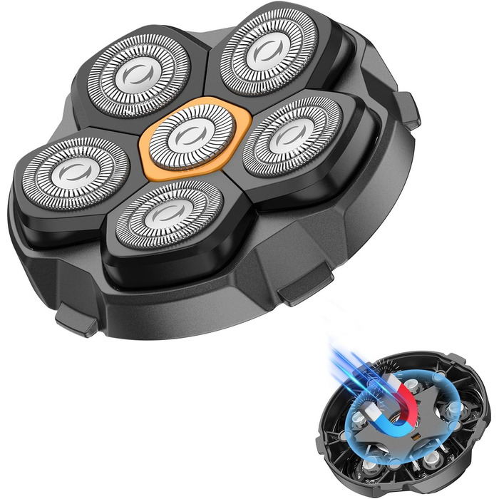 Електричний гоління голови для чоловіків Kibiy, головний бритва з 6 магнітними лезами, IPX7 водонепроникний, LED-дисплей, зарядка Type-C (тільки магнітні змінні насадки)