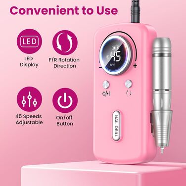 Професійний портативний фрезер для нігтів 45000 об/хв з LCD-дисплеєм (рожевий)
