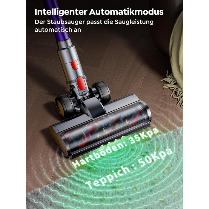 SMOTURE Бездротовий акумуляторний пилосос 600W, 50KPA, 65 хв роботи, самостійна підставка, для дому, з настінною зарядкою, автоматичний режим, знімна батарея, сенсорний дисплей