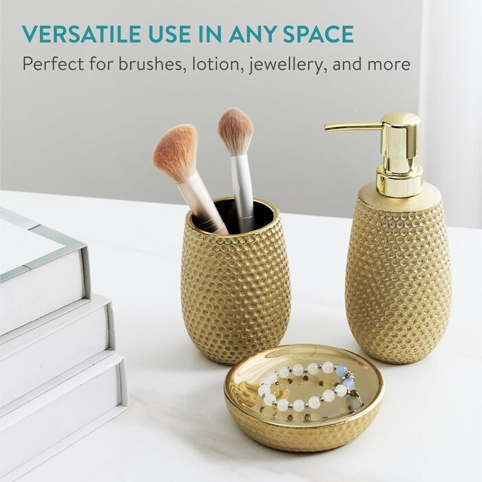 Набір для ванної кімнати Navaris Premium - елегантний набір аксесуарів (дозатор мила, мильниця, стакан для зубної пасти) - золото