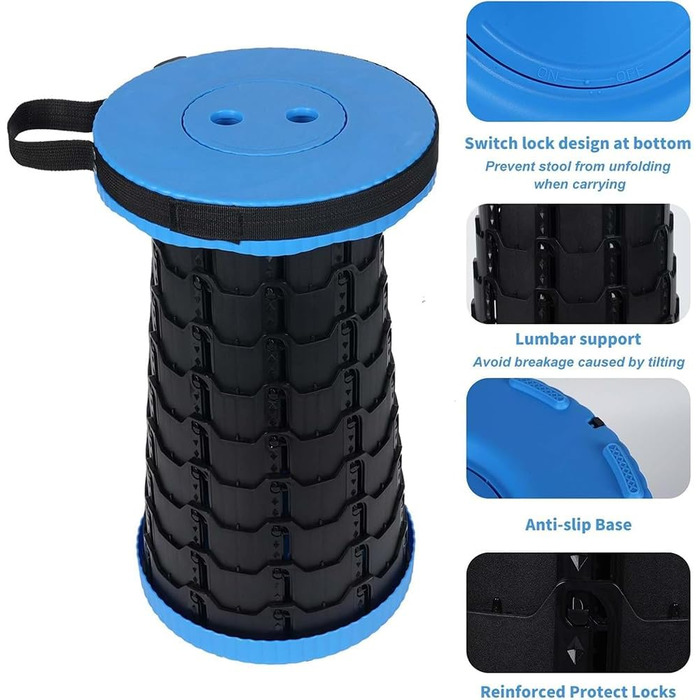 Складаний стілець для кемпінгу з регулюванням висоти, 6-45 см, вантажопідйомність 181 кг, портативний з ременем для перенесення (Блакитний - 1 шт.)