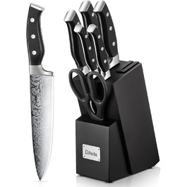 D.Perlla Self-Sharpening Knife Block Set - 7 Piece Stainless Steel Knife Set with Plastic Handle & Wooden Block - Professional Kitchen Knife Set, Black