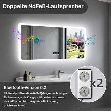 Дзеркало для ванної кімнати LUVODI з підсвічуванням 100x70 см: годинник, температура, дата, проти запотівання, регулювання яскравості, 3 кольори світла, функція пам'яті, LED, водонепроникність, збільшення 3x, Bluetooth