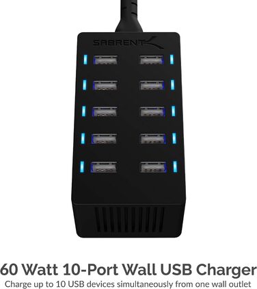 Зарядний пристрій Sabrent USB 60W, 10 портів, швидка зарядка для MacBook, ноутбуків USB-C, iPhone, Samsung Galaxy (AX-TPCS) - Чорний