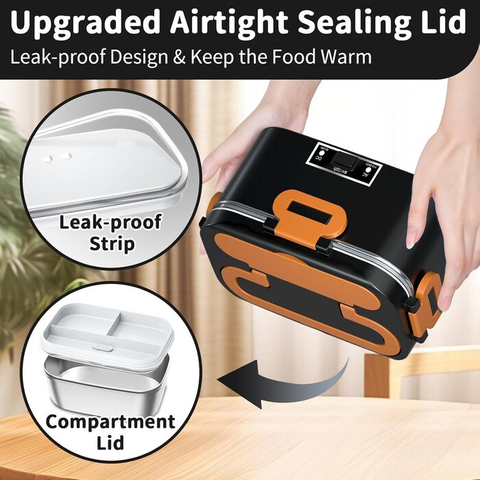 Електрична ланчбокс SOOOEC 100W, 3-в-1 з нержавіючою сталі, 12V/24V/220V для авто/офісу, з ізольованою сумкою (Оранжево-Чорний), 1.8L