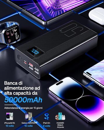 Power Bank 50000 mAh з вбудованим кабелем, швидка зарядка 22.5W, LED ліхтарик, 7 портів (3 входи) - портативний акумулятор