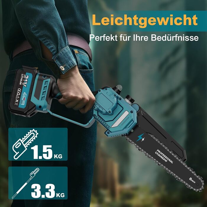 Міні-ланцюгова пила електрична 8 дюймів з 2 акумуляторами 21V 8000mAh, безщітковий двигун 1200W, ручна акумуляторна пила для обрізки гілок та садових робіт (Ceruleanblau)