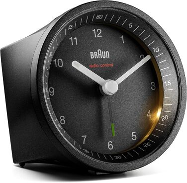 Classic analog radio alarm clock by Braun for the Central European Time Zone (CET/GMT+1) with snooze function and light, quiet movement, crescendo alarm in black, model BC07B-DCF
