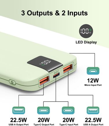 Powerbank 10000mAh 22.5W з LCD-дисплеєм: Швидка зарядка, 3 виходи, 2 входи, USB-C, для смартфонів та планшетів (зелений)