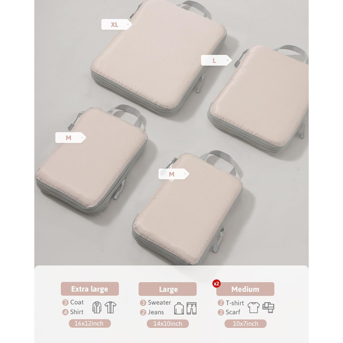 Набір кубиків-органайзерів для валізи Meowoo (4шт) - кубики-компресори, водовідштовхувальні, для подорожей (XL, L, 2×M)