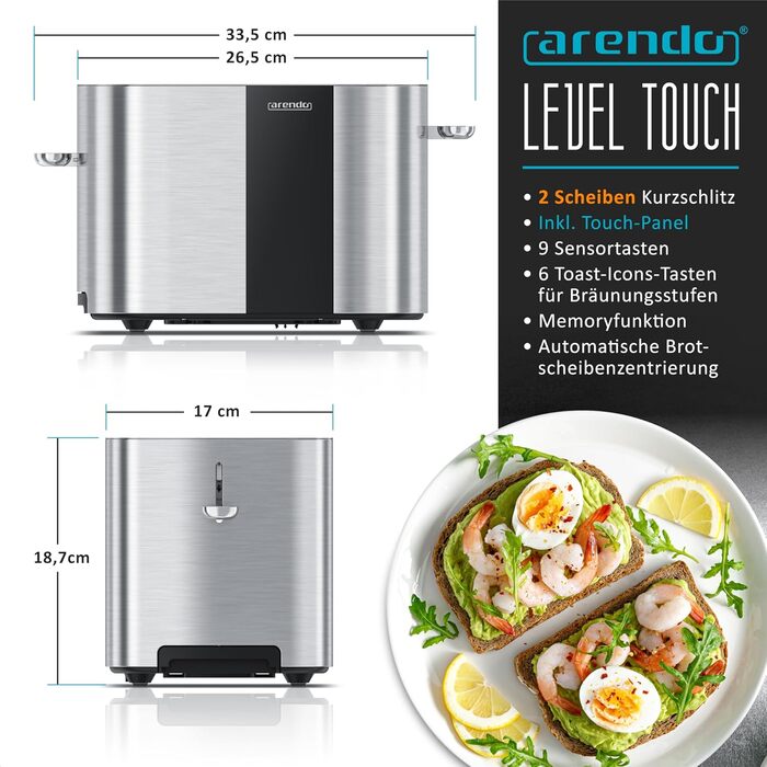 Тостер Arendo з нержавіючої сталі, 2 відділення, сенсорний дисплей, 800 Вт, підставка для булочок, 6 рівнів підсмажування, центрування хліба, таймер, пам'ять (C: Steelsilver)