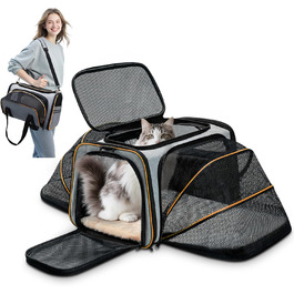 Розширювана переноска для котів та маленьких собак ALLSOPETS, м'яка переноска з 2 розширеннями, знімний флісовий килимок та кишені (сірий & зелений, сірий & помаранчевий)