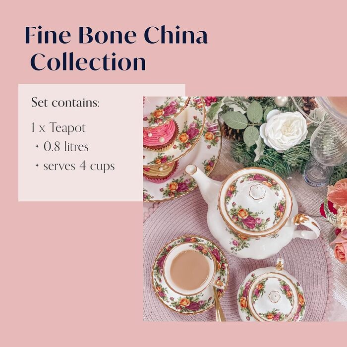 Чайний сервіз Royal Albert Old Country Roses на 4 персони, порцеляна Bone China, середній розмір, квітковий візерунок, чайник 0,8 л, вінтажний подарунковий набір
