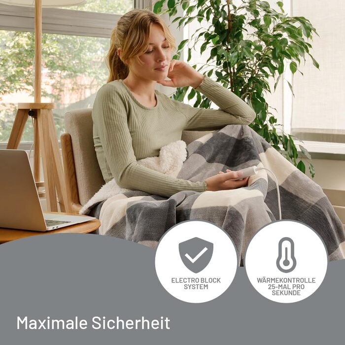 Електрична ковдра Imetec Adapto Tartan Festival, 160x120 см, тепла та затишна, 6 температур, миттєвий нагрів, безпечна, з технологією Adapto, сірий візерунок в клітинку