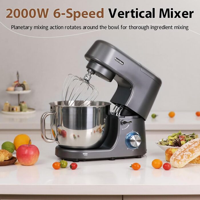 Кухонна машина-міксер 1800W з чашею 7.2L з нержавіючої сталі, 6 швидкостей, низький шум, мультифункціональна (сірий)