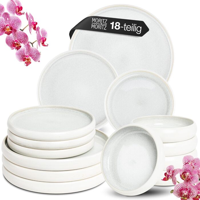 Moritz & Moritz SOLID UNI Dinnerware Set, 6 Persons, Cream, 18-Piece - Modern Stoneware Dinner Set - Microwave & Dishwasher Safe, Dining Dishes, Tableware Service, Combination Service 6 Person Cream Dinnerware Set (6 Person)