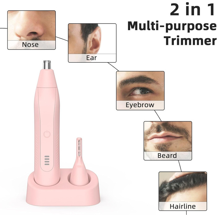 Триммер для носа та вух для жінок: безболісний, USB, 2-в-1, рожевий
