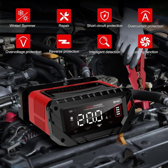 Автоматичний зарядний пристрій HTRC 12V/24V 20A для автомобільних акумуляторів, LiFePO4, літієвих та свинцево-кислотних батарей (AGM, GEL, MF, EFB, SLA, VRLA, Wet), для авто, мотоцикла, човна, газонокосарки, P20PRO
