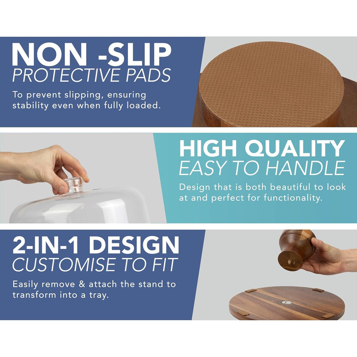 Підставка для тортів HEFTMAN 25,4 см з куполоподібним кришкою – 2-в-1 антиковзаюча підставка з акації з прозорою кришкою з акрилу для тортів, випічки, сирних дощок – ідеально для дня народження, весілля, святкування