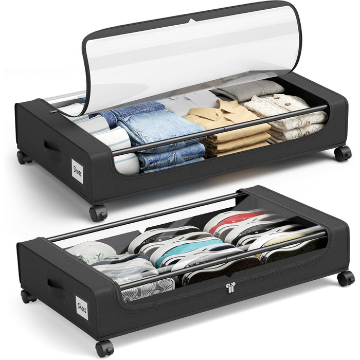 Коробки для зберігання під ліжко PHINOX з колесами, 2 шт (74x42x16 см) - місткі контейнери для одягу, взуття, іграшок з прозорою кришкою