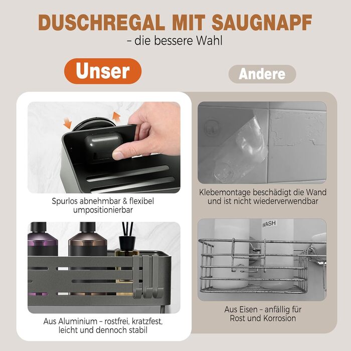 Поличка для душу Lekesky без свердління, кутова, з міцними присосками, алюміній, нержавіюча сталь, знімна, для ванної кімнати, кухні, орендованого житла (2 шт., сірий gunmetal з тримачем для рушників, прямокутна)