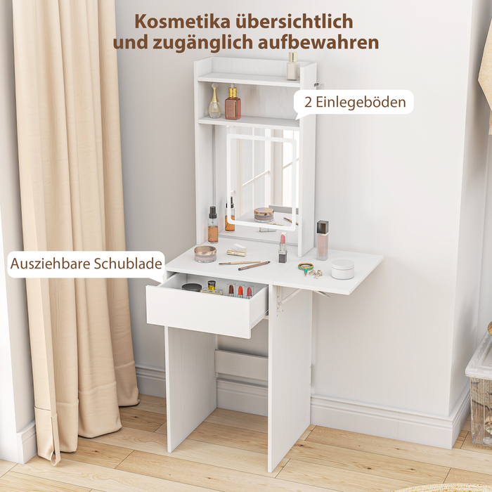 HOMCOM Compact Vanity Table with Mirror and LED Lighting, Folding Tabletop, Open Shelves, Drawer, MDF, White