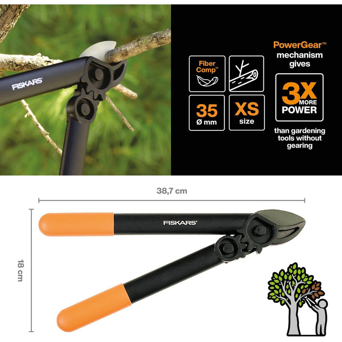 Секатор Fiskars PowerGear L31 для сухої та твердої деревини, 39 см, антиадгезійне покриття, загартована сталь, чорний/помаранчевий