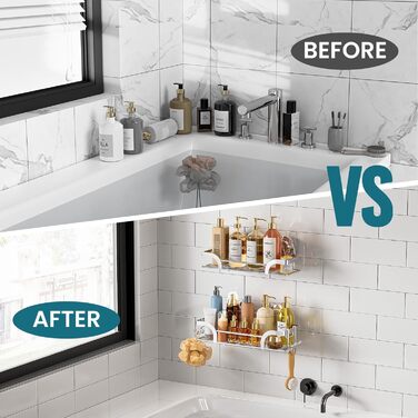 Поличка для душу TAILI без свердління, регульована, набір 2 шт. з гачками, нержавіюча сталь, чорний/срібний, органайзер для душу, кухні, ванної кімнати