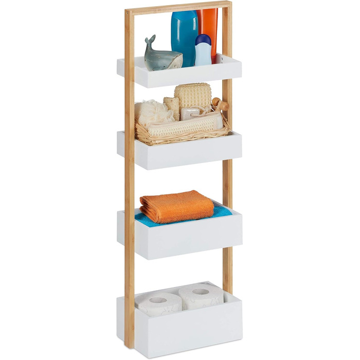 Relaxdays 10031461 Badregal, 4 Shelves, Bamboo & MDF, Bathroom Storage, Slim Shelf HWD 88x30x18 cm, White/Natural